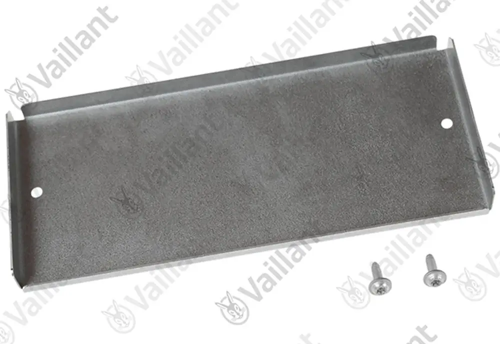 Vaillant Abdeckung aus Metall mit zwei Schrauben, rechteckige Form mit gebogenen Kanten, geeignet für die Montage in Heizungsanlagen.